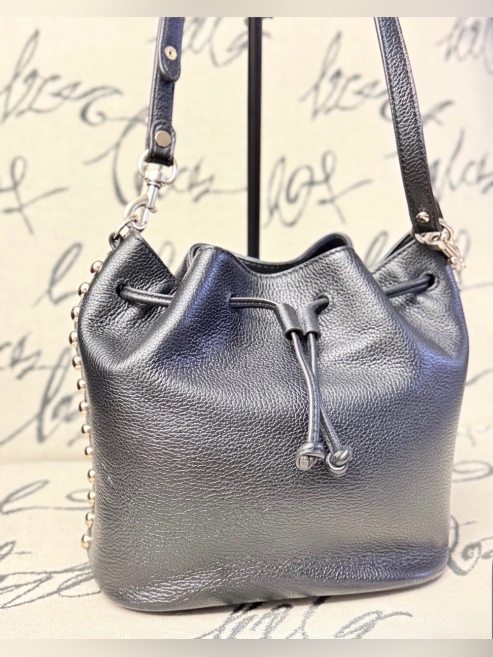 Rebecca Minkoff Fiona Leather Studded Drawstring Bucket Bag Black Like New
